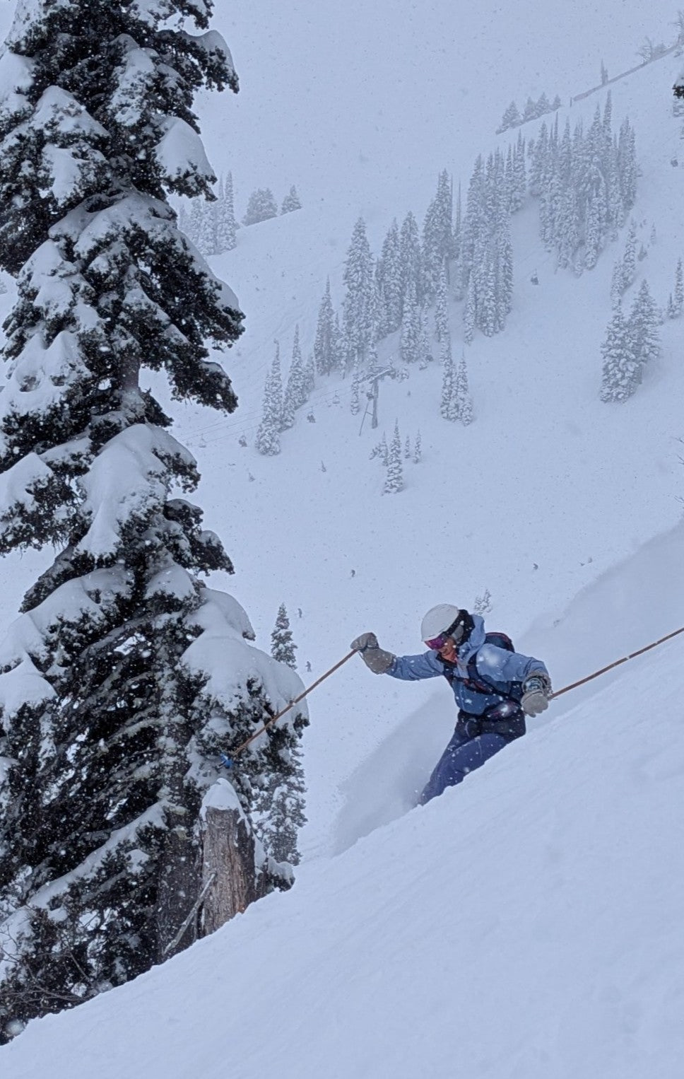Person skiing down a snowy slope with trees on a mountain with Mtn Straps pole straps